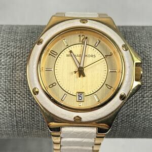 Michael Kors Watch Womens 39mm Date Leather Bezel Band Gold Tone New Battery